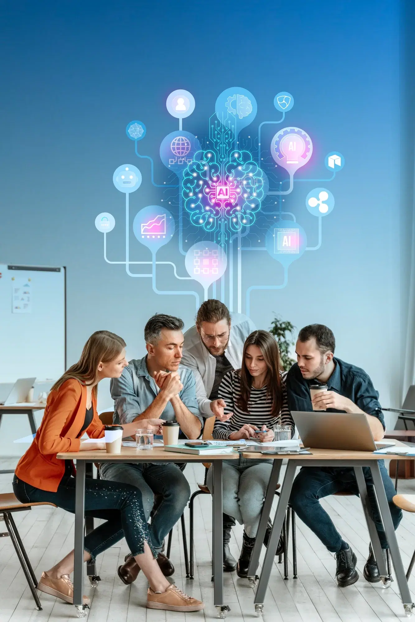 Team collaboration with AI brain visualization